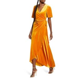 Yellow Gold velvet wrap dress.